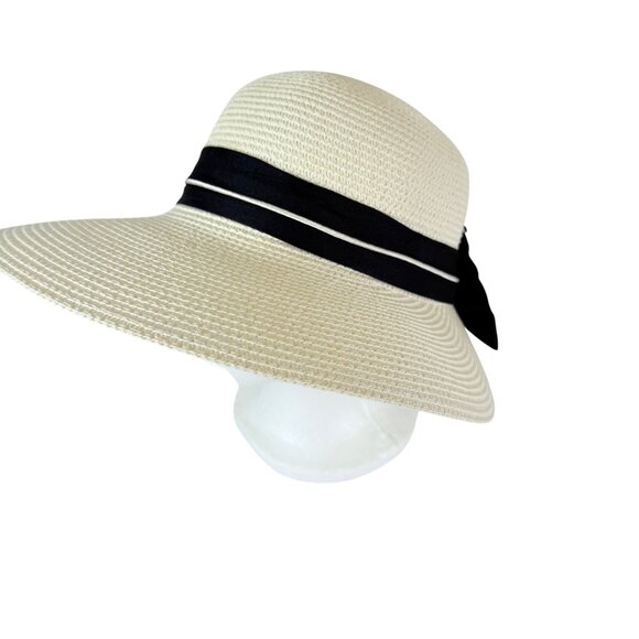 Royal Beige Straw Sun Hat Ponytail Notch Black Bow Beach Cruise Life Fashion - Picture 5 of 11